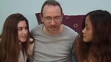 Classic Ladies Cockriding Older Guy in Trio