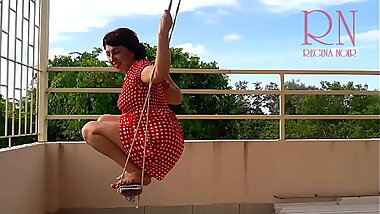 Cute housewife has fun without panties on the swing. Slut swings and shows her perfect pussy. c1