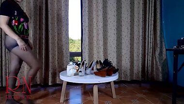 Nice Lady in Pantyhose and Heels. Striptease at the round Table 3