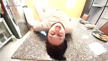 Housewife Stripping at the Kitchen Desk